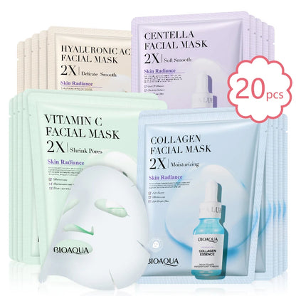 BIOAQUA Centella Collagen Face Mask VC Moisturizing Refreshing Sheet Masks Hyaluronic Acid Facial Mask Skin Care Products 20pcs