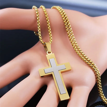 HNSP Stainless Steel Cross Pendant Chain Necklace For Men Christ Jesus Jewelry Catholic Crucifixes Rosaries Accessories