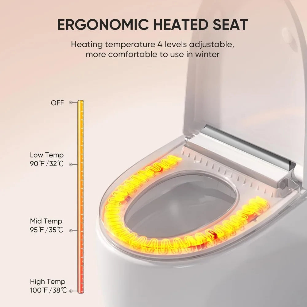 Smart Toilet with Built-in Heated Seat, Auto Flushing, Adjustable Seat Temp, Flush Remote Control, Elongated, Tankless Toilet