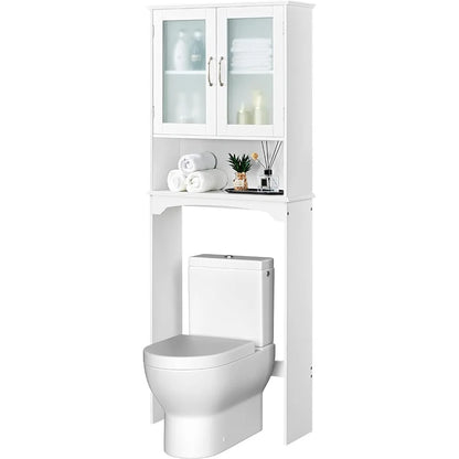 Over The Toilet Storage Cabinet with Double Tempered Glass Doors and Adjustable Shelf, Freestanding Bathroom Storage Rack