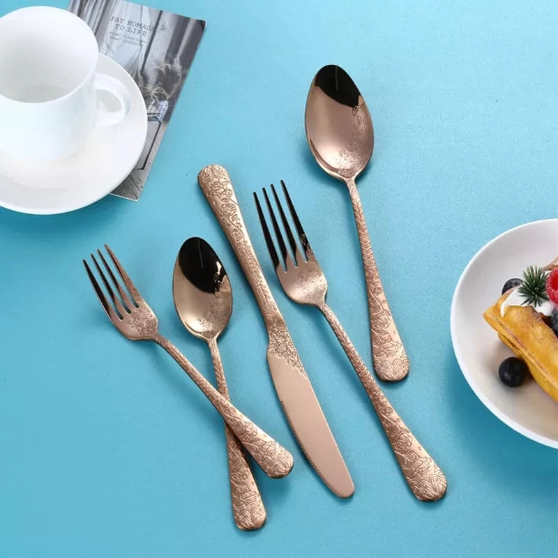 High Quality Cutlery Set Handle Exquisite carving Stainless Steel Golden Tableware Knife Fork Spoon Flatware Set Silverware Set