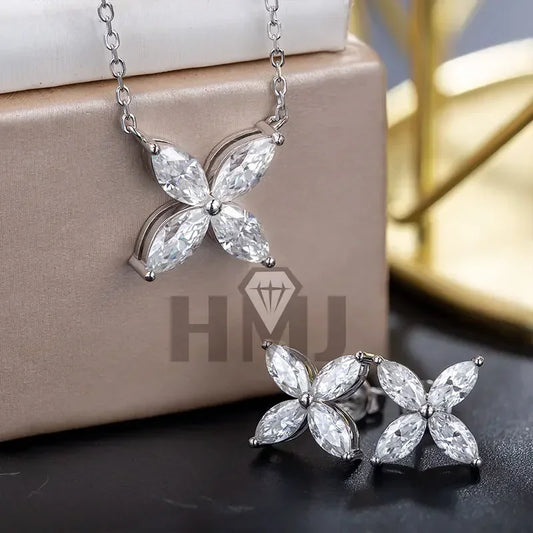 Real Marquise Moissant D Color Earrings Necklace 100% 925 Sterling Silver Plated 18K Gold Engagement Wedding Party Fine Jewelry