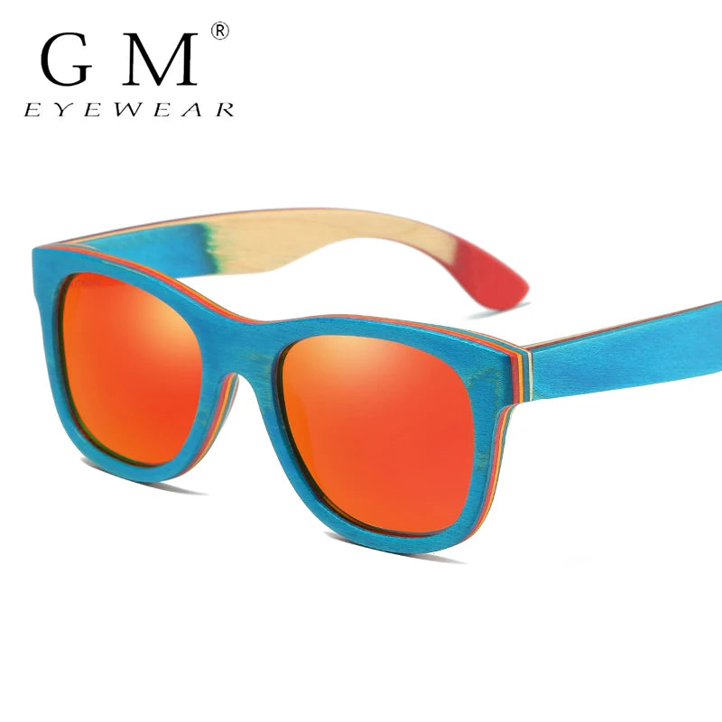 GM Skateboard Wooden Sunglasses Blue Frame With Coating Mirrored Bamboo Sunglasses UV 400 Protection Lenses in W033