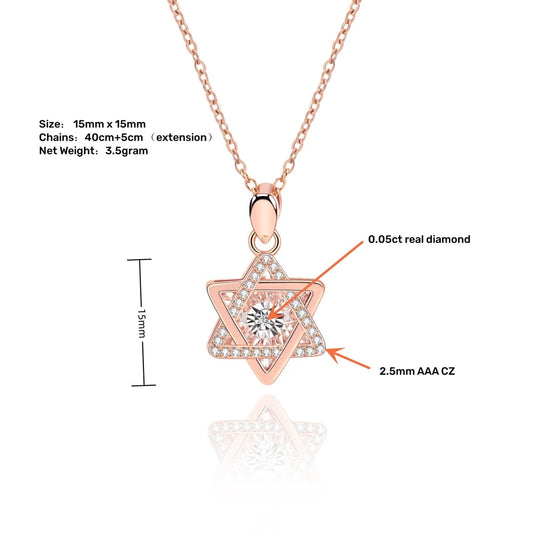 SDA 14K Rose Gold Plated 20x Magnifying Diamond Effect 0.05ct Real Hexagram Star of David Pendant Necklace Women Jewelry