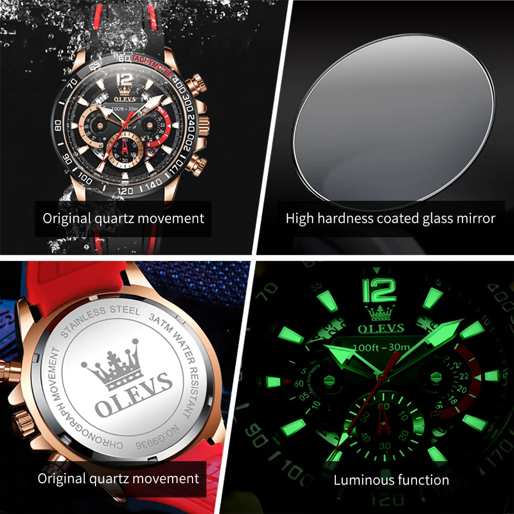 OLEVS 9936 Men's Quartz Watch Fashionable Sports Waterproof Rubber Strap Luxury Business Date Week Chronograph Watch Men's Watch