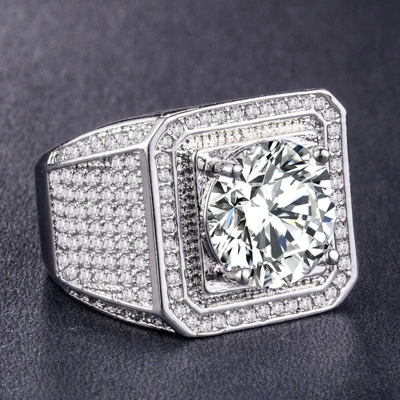 Milangirl Big Hip Hop Rhinestone Men Out Bling Square Ring Pave Setting CZ Wedding Engagement Rings Top Quality