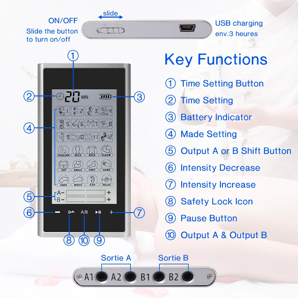 EMS Electric Muscle Stimulator Therapy 24 Modes 4 Output Channel Tens Unit Machine Physiotherapy Pulse Body Massager Dropship