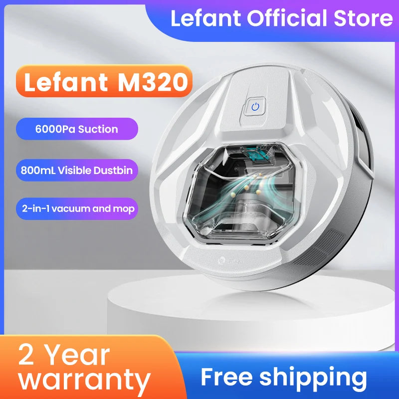 Lefant M320 6000Pa Powerful Suction Robot Vacuum Cleaner with Mop ,210 Mins Runtime,800ML Visible Dustbin,Carpet Detection