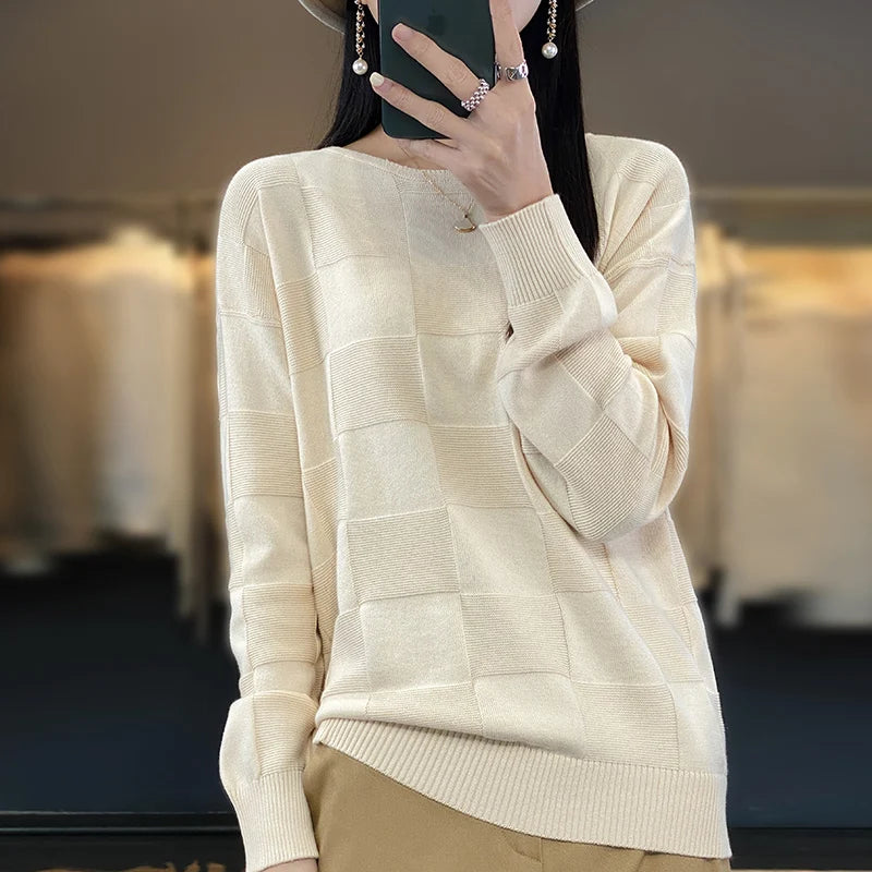 Autumn Winter New Women 100% Cotton Soft Sweater Round Collar Square Pattern Pullover Loose Fashion Knitwear Casual Base Top