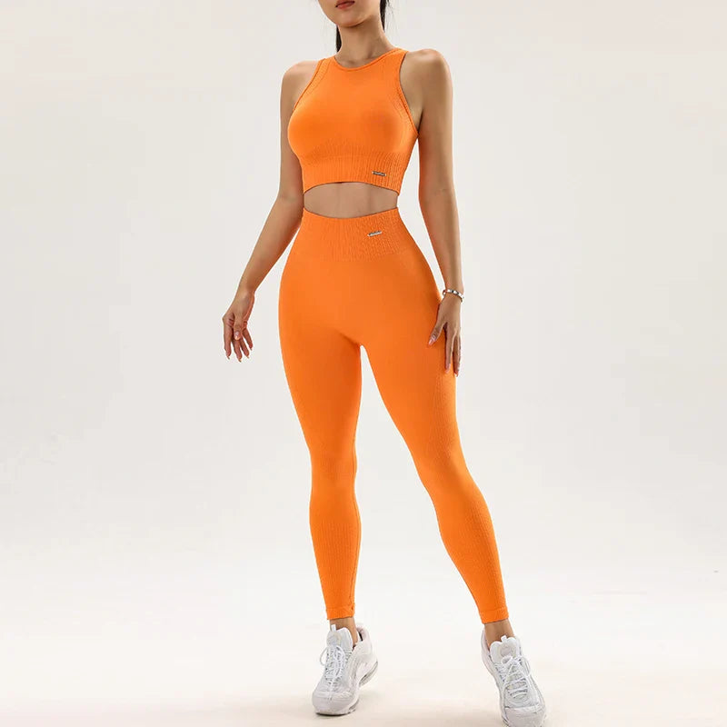 Women's High Waisted Leggings and Top Two Piece Seamless Fitness Set