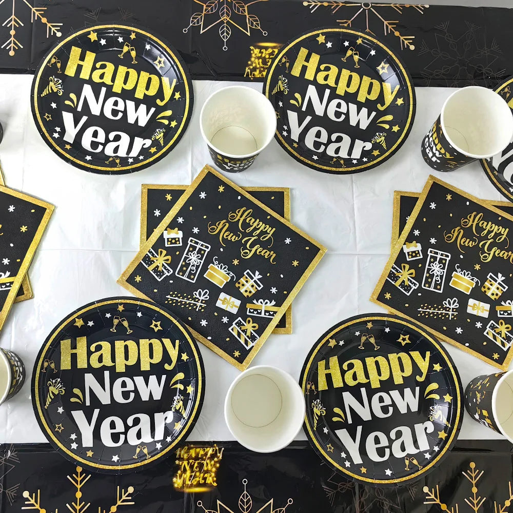 New Year Theme Disposable Tableware Paper Plates Cups Napkins Happy New Year 2025 Black Golden Party Decoration Supplies