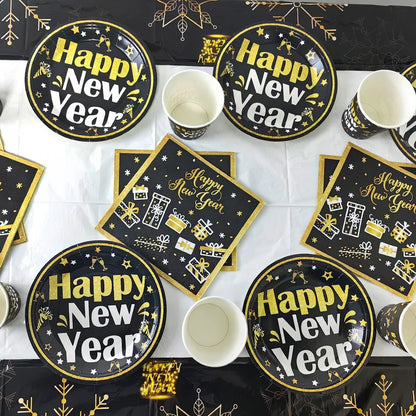 New Year Theme Disposable Tableware Paper Plates Cups Napkins Happy New Year 2025 Black Golden Party Decoration Supplies