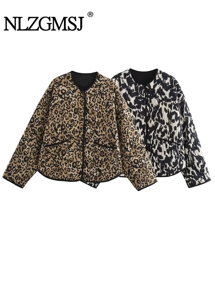 TRAF 2024 Autumn Retro Leopard Print Pockets Coats For Women Fashion Casual Long Sleeve Bomber Jacket Female Chic Outerwear