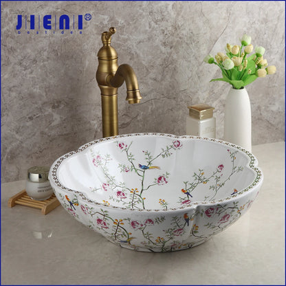 JIENI Art Ceramic Basin Set Spring Blossoms Design Washbasin Bathroom Sink Set Antique Brass Water Mixer Tap Faucet W/ Pop Drain