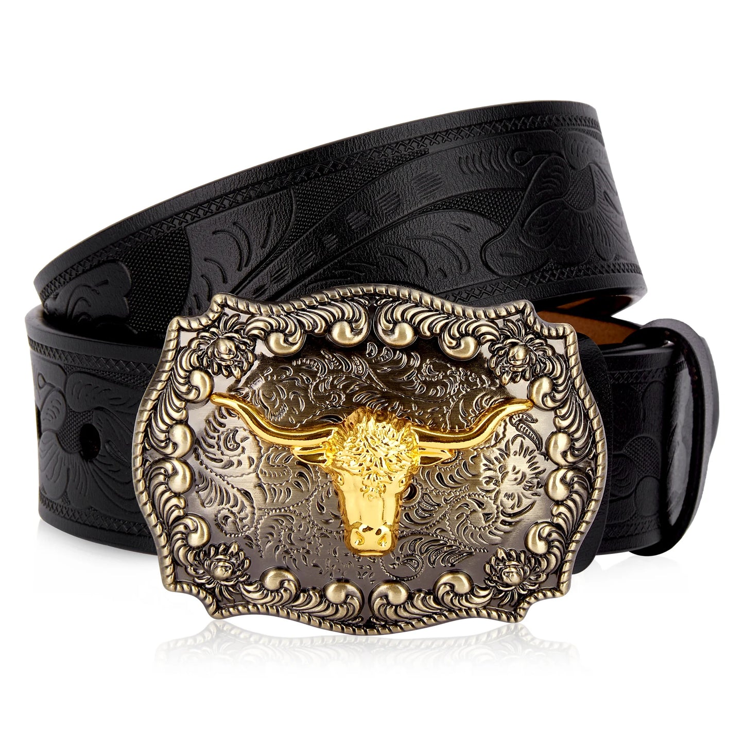 Western Embossed Genuine Leather Men Belts Golden Cowboy Longhorn Bull Pattern Floral Engraved Buckle Belt For Men Free Shipping