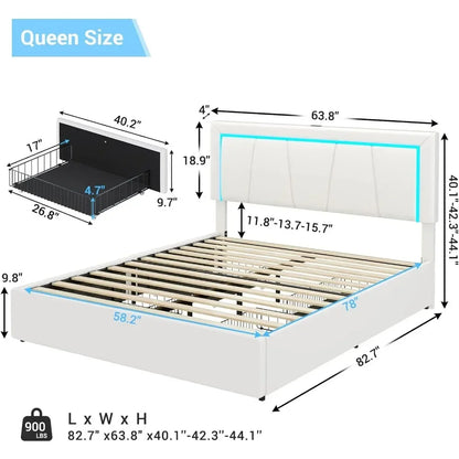 Queen/King/Full Size LED Bed Frame, with Storage Drawer and USB Port, Modern Faux Leather Upholstered Headboard