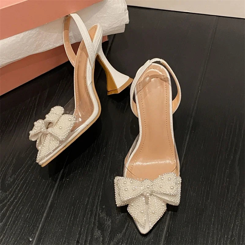 Eilyken Spring Butterfly-knot PVC Transparent String Bead Women Pumps Sandals Fashion Pointed Toe Party High Heels Mule Shoes