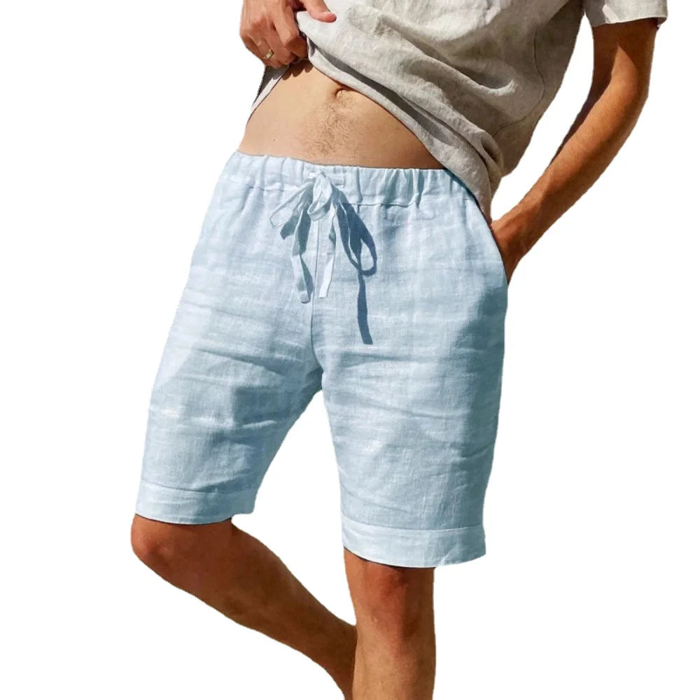 New Men's Cotton Linen Shorts Beach Pants Male Summer Breathable Solid Color Hawaii Trousers Fitness Streetwear S-3XL