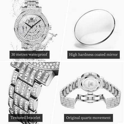 OLEVS Top Original Brand Women's Watches Elegant Luxury Full Diamond Quartz Watch for Lady's Waterproof Silver Female Wristwatch