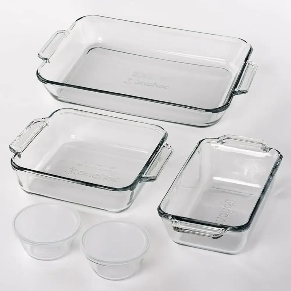 Glass Bakeware Set 7-Piece All-Inclusive Kitchen Essentials Rectangular Baking Pan Cake Pan Loaf Pan Custard Cups with Lids