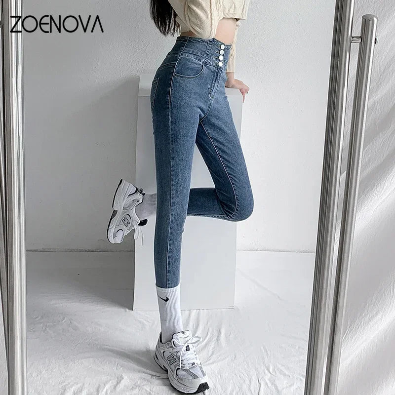 ZOENOVA Skinny Pencil Jeans Four Buttons Vintage High Waist Women Slim Stretch Denim Pants Tight Trousers Women's Pants