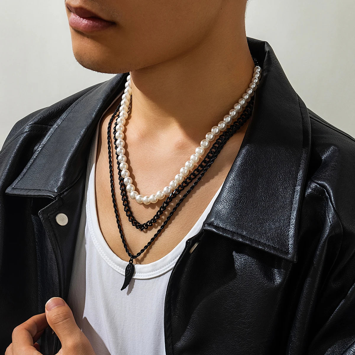 KunJoe Hip Hop Black Chain Pendant Choker Imitation Pearl Necklace for Men Punk Jewelry Rapper Collar On The Neck Street Club