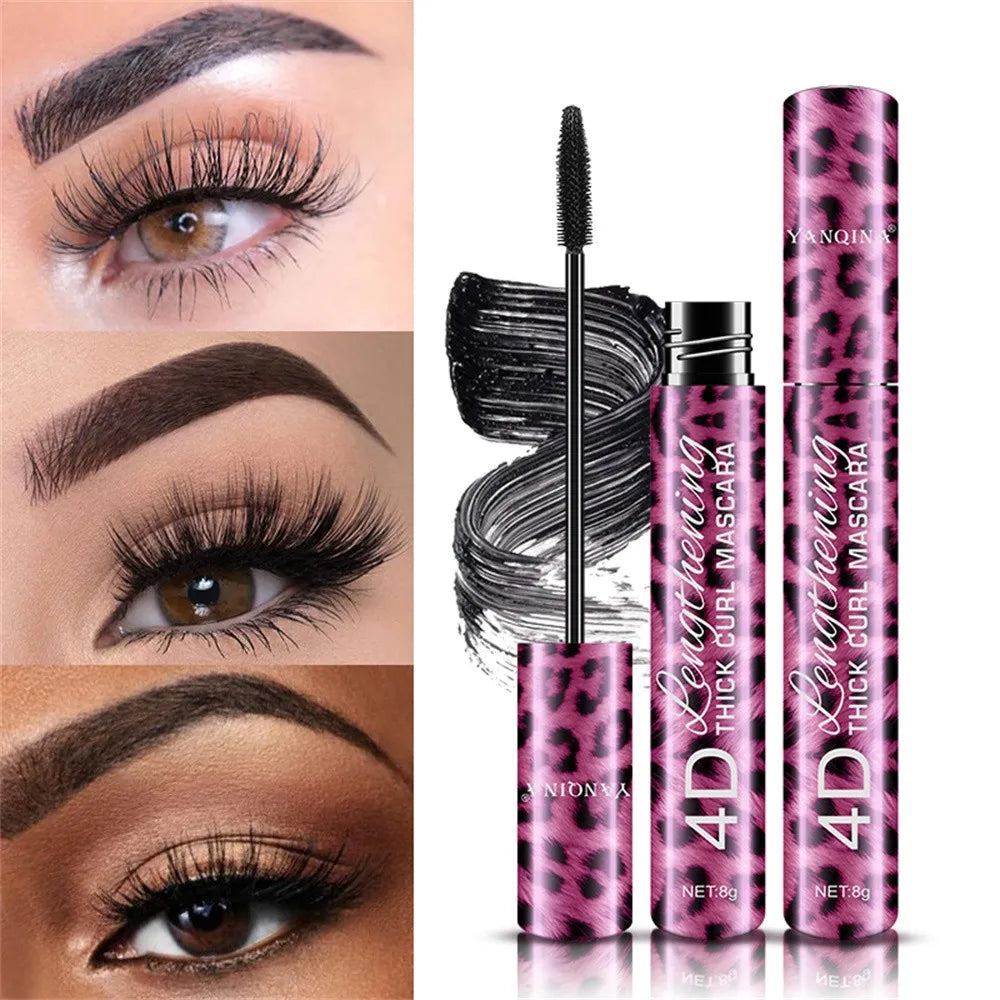 Eyeliner 36-Hour Lasting Curling +4D Fiber Mascara Elongate Eyelashes Leopard Print Black Mascara Waterproof Eye Makeup Cosmetic