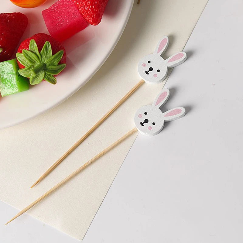 100pcs Easter Disposable Bamboo Skewers Rabbit Eggs Food Picks Fruit Fork Sandwich Buffet Stick Easter Decoration 2024 Birthday