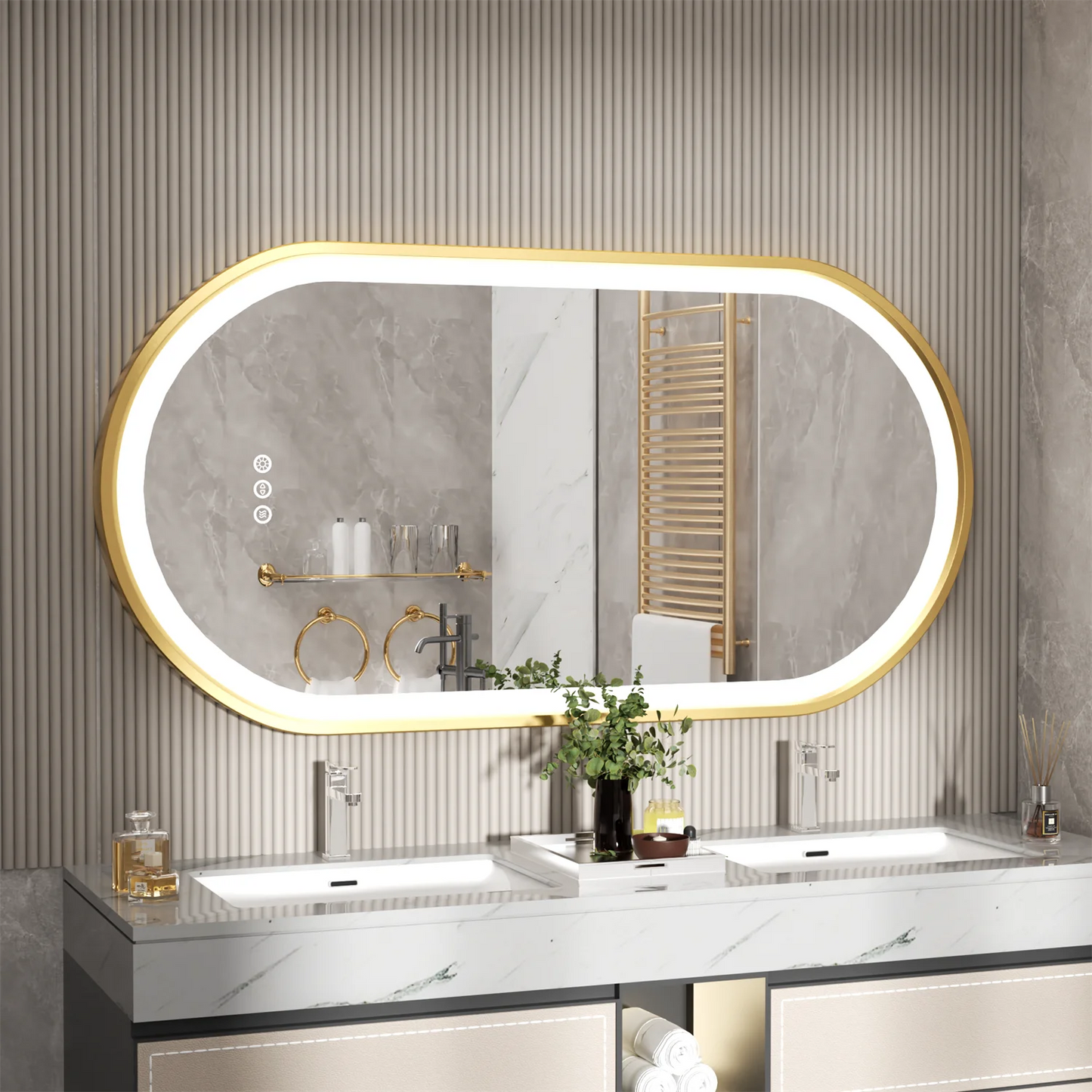 Gold Frame Oval Bathroom Mirror LED Lighted Anti-Fog Smart Vanity Mirror Anti-fog Dimmable Illuminated Innovative Makeup Mirror