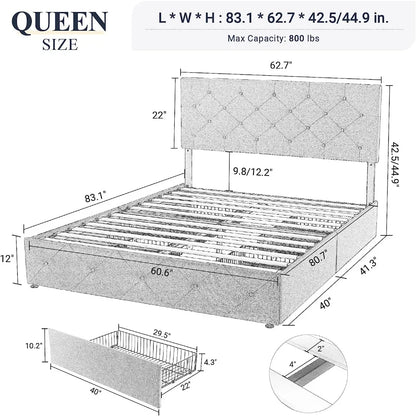 Bed Frame Upholstered Full-size Platform Beds Frames With 4 Storage Drawers And Headboard With Mattress Black Bed Frame