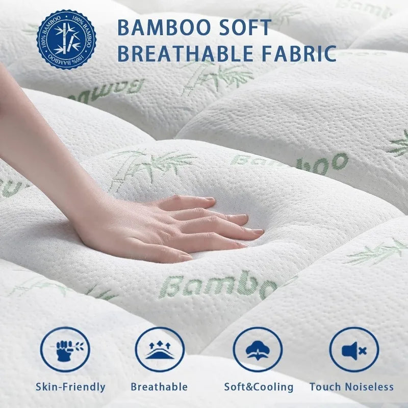 Bamboo Mattress Topper, Cooling Extra Thick Breathable Mattress Pad, Soft Quilted Fitted Mattress Cover with 1000 GSM