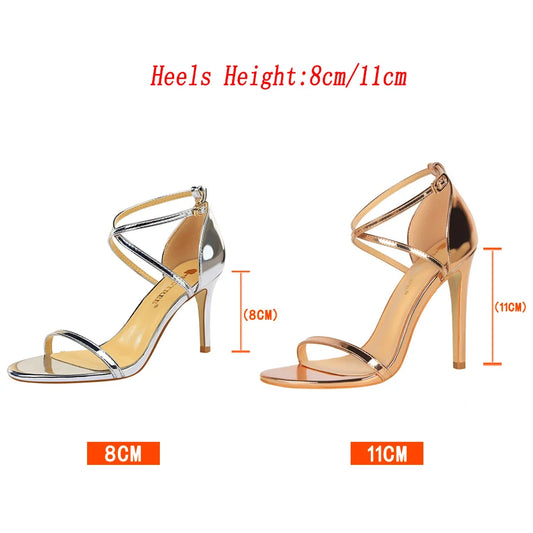 Women 8cm 11cm High Heels Summer Mid Low Heels Champagne Gold Sandals Roman Pumps Lady Gladiators Stiletto Shoes