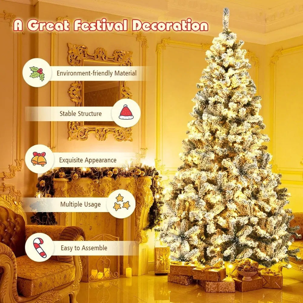 Pre-Lit Artificial Christmas Tree, Premium PVC Snow Flocked Hinged Pine Tree with Metal Stand and LED Lights