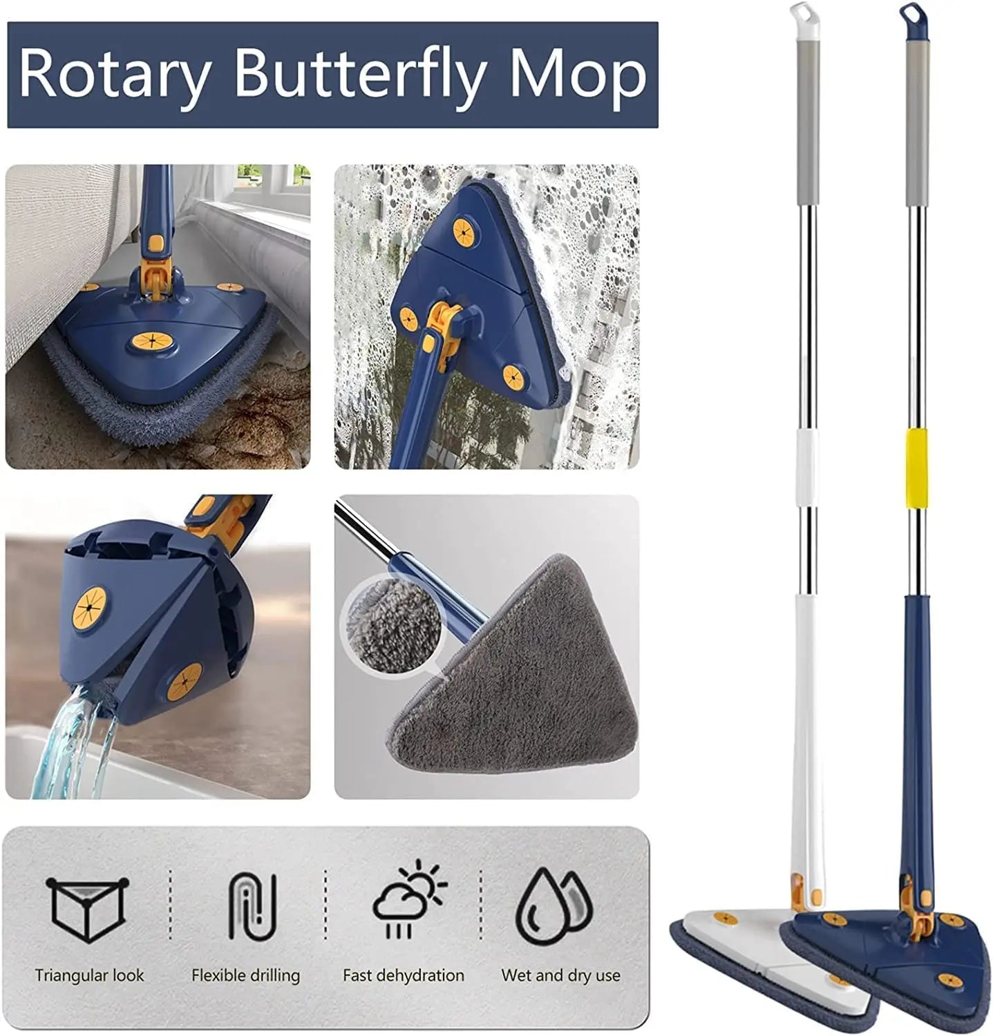 Rotatable Telescopic Triangle Mop 360° Spin Cleaning Mop Squeeze Wet And Dry Use Water Absorption For Home Floor Ceiling