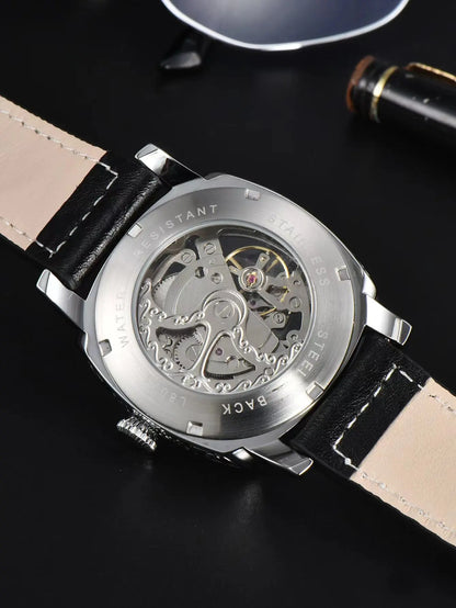 LONGLUX automatic watch retro style mechanical wristwatches skeleton carve waterproof leather mens watch