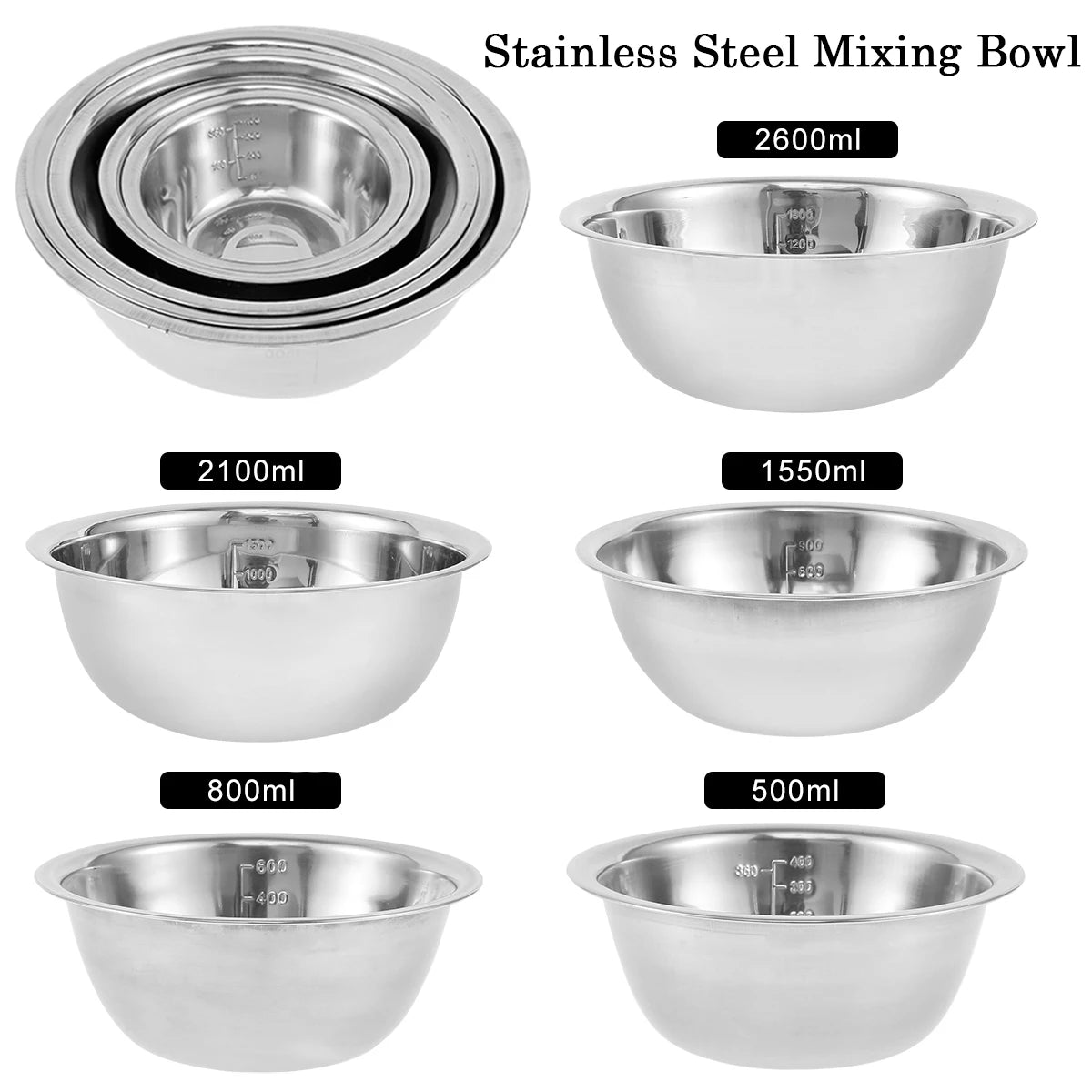 5Pcs Stainless Steel Mixing Bowl Set Fruit Salad Food Tableware Soup Noodles Bowl Kitchen Cooking Baking Tools 14/16/20/22/24cm