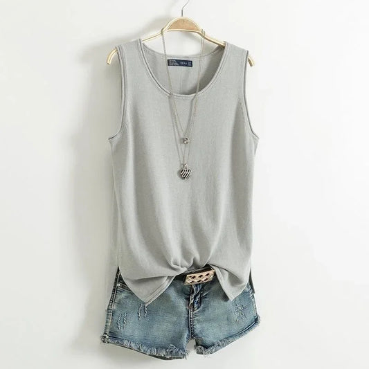 With thin round neck knitted cotton vest, girls' sleeveless loose split bottomed top in summer