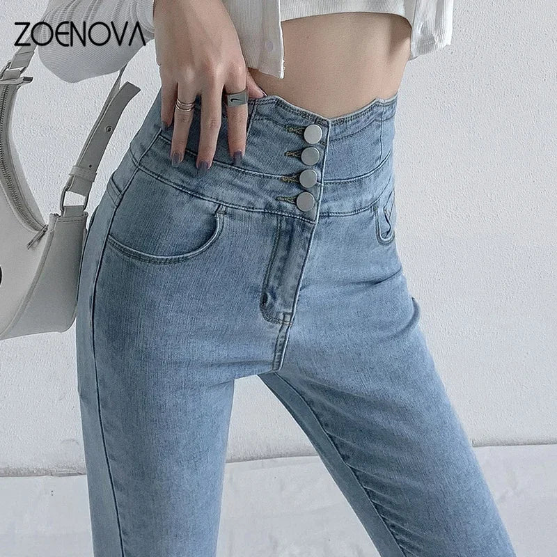 ZOENOVA Skinny Pencil Jeans Four Buttons Vintage High Waist Women Slim Stretch Denim Pants Tight Trousers Women's Pants