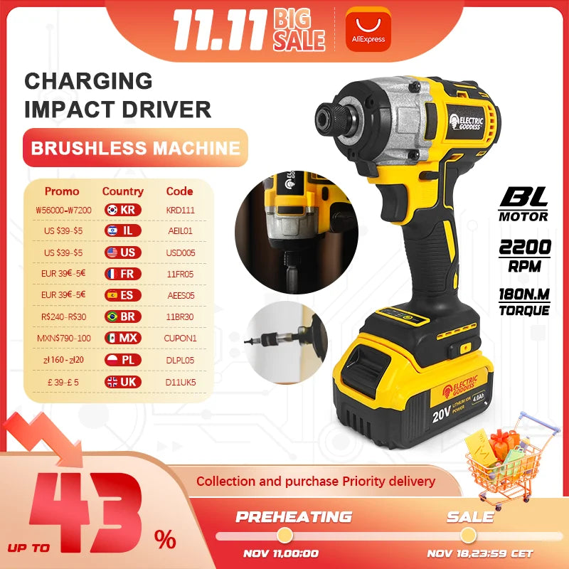 EGOD DCF887 Cordless Impact Driver Brushless Motor Electric Drill 1/4-In 205N.M High Torque Power Tools fit 20V DEWALT Battery