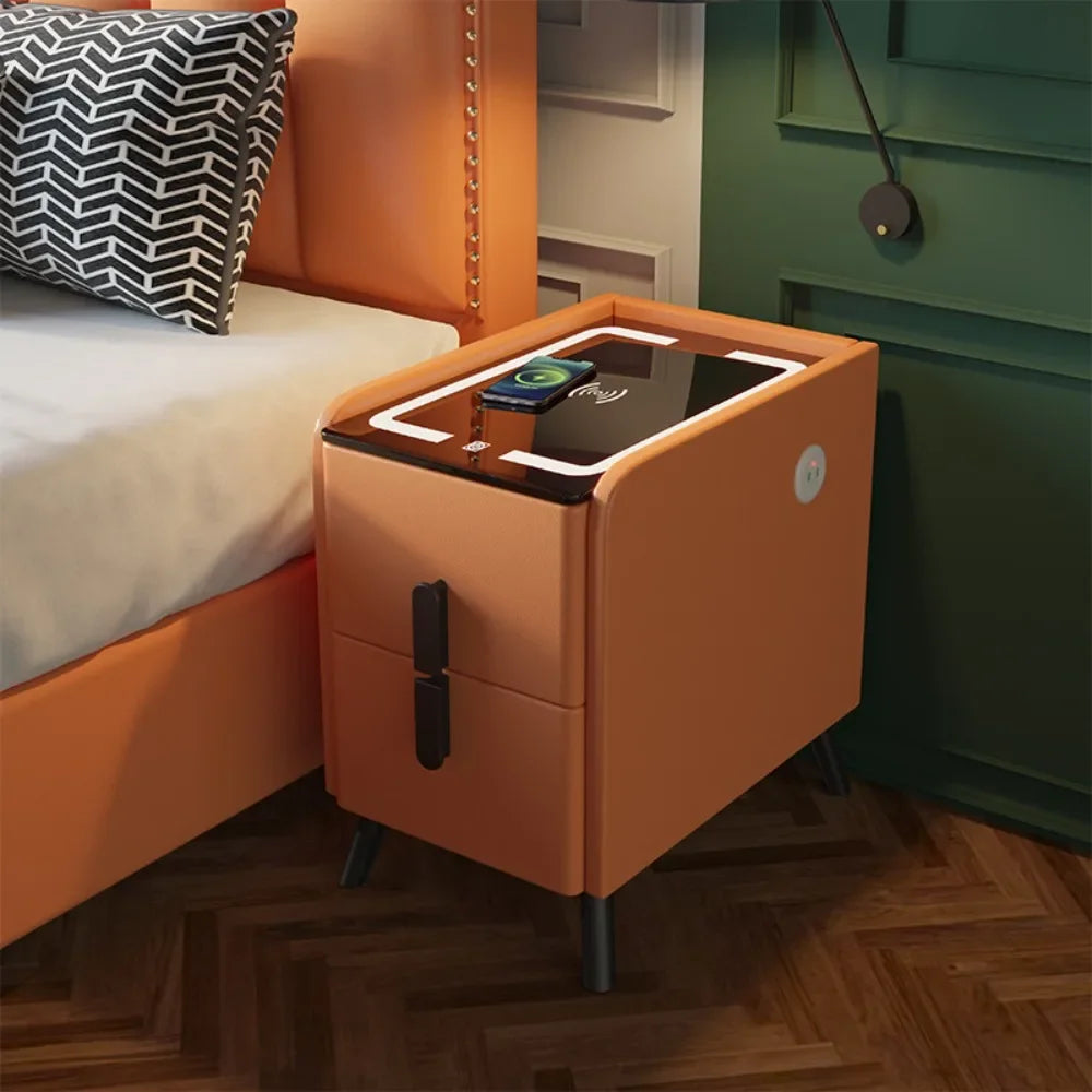 Smart Bedside Table with Wireless Charger Narrow Smart LED Nightstands Bedside Cabinet Fingerprint Lock Solid Wood Bedside Table