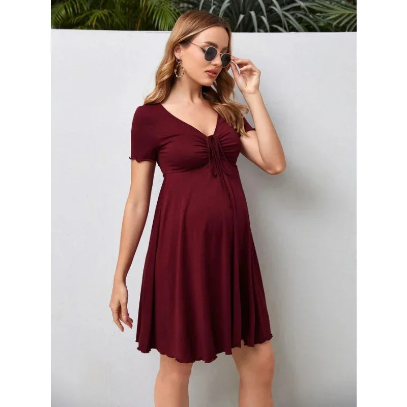 Maternity Dresses Summer Pure Colour V-neck Women Dress Loose Plus Size Pregnant Skirts Casual Clothing 2024 New Hot