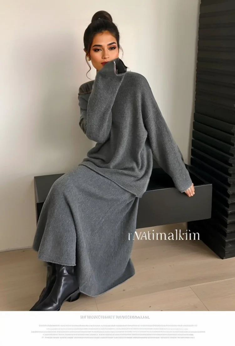 Hirsionsan Sexy Soft Elegant Vintage Women Suits 2 Pieces Female Sets Slash Neck Sweater & Midi Dress OL Style Knitted TrackSuit