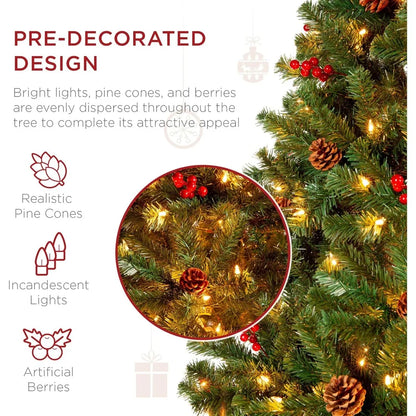 6-foot pre illuminated spruce hinge artificial Christmas tree with 798 tips, pine cones, berries, 250 lights, metal base