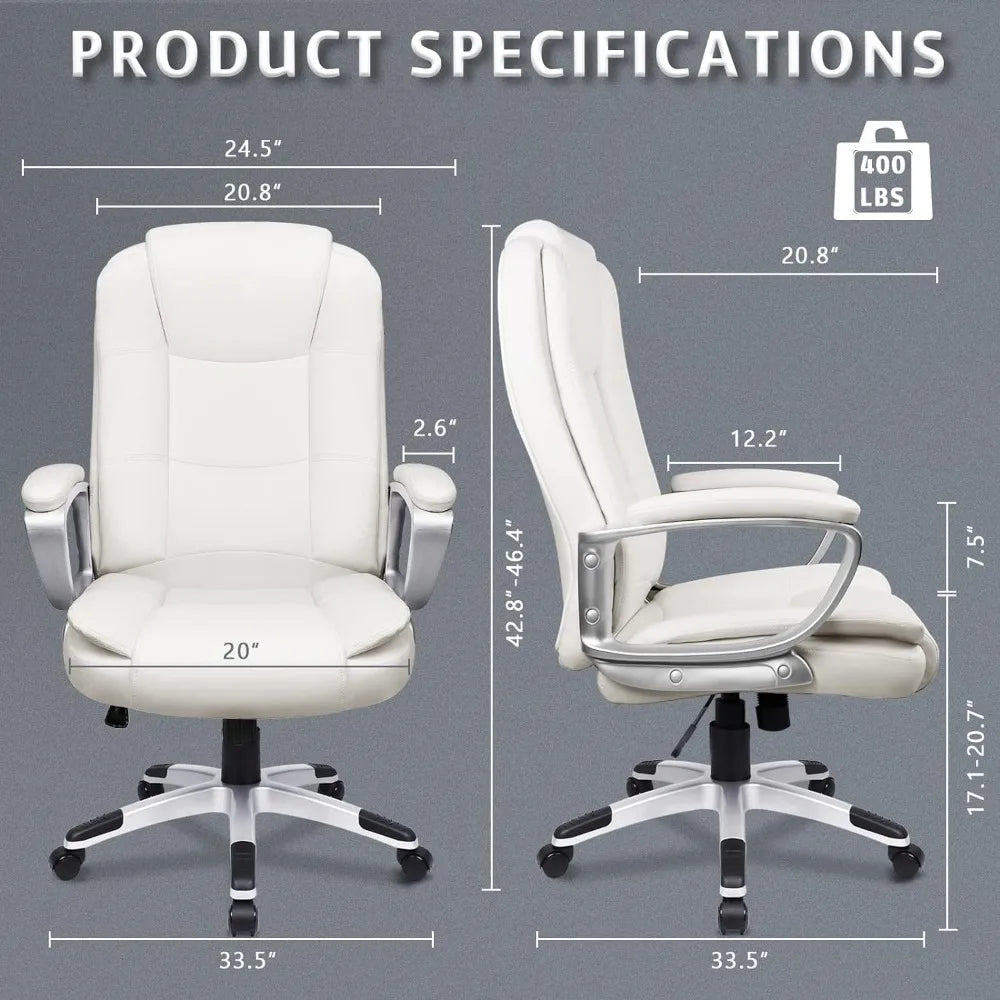 Office Desk Chair, High Back Computer Chair, Ergonomic Adjustable Height PU Leather Chairs with Cushions Armrest (White)