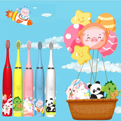 Child's USB Sonic Electric Toothbrush Rechargeable Colorful Cartoon Brush Kids Automatic IPX7 Waterproof With Replacement Heads