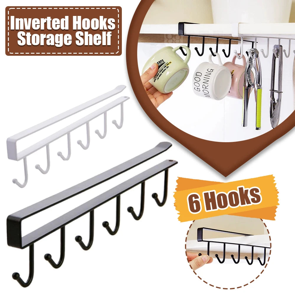 6 Hooks Storage Shelf Wardrobe Kitchen Bathroom Organizer Iron Metal Under Shelves Hanging Rack Mug Cup Utensils Holder Kitchen