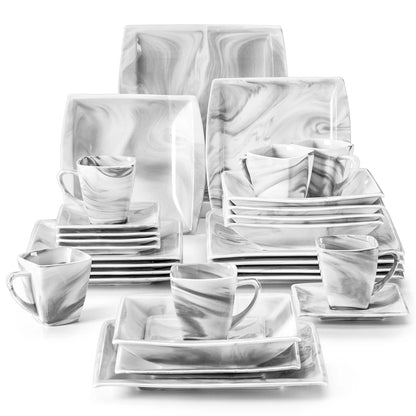 MALACASA Blance 30/60PCS Marble Grey Porcelain Tableware Dinnerware Set with Dessert/Soup/Dinner Plate/Cup/Saucer,Service for 12