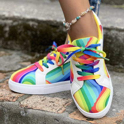 Rainbow Color Lace Up Sneakers Women Casual Non-Slip Platform Vulcanized Shoes Woman 2023 Autumn Flats Running Walking Shoes 43