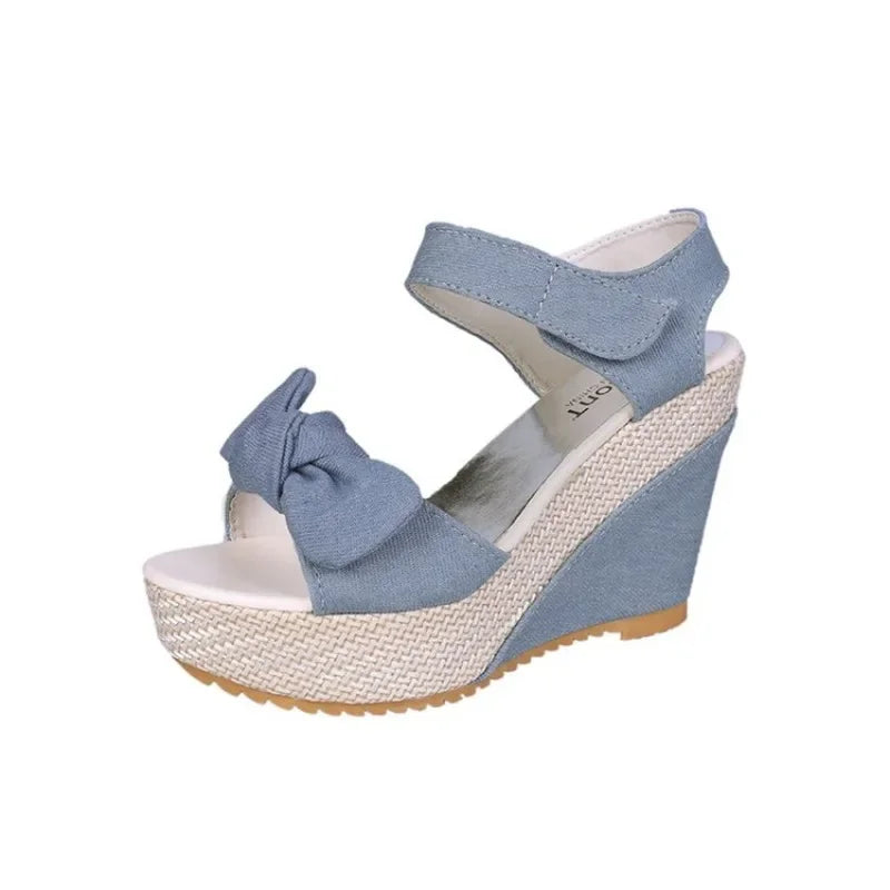 Brand New Ladies Platform Denim Sandals Fashion Bow Mixed Colors Wedges High Heels women's Sandals Casual Party Woman Shoes