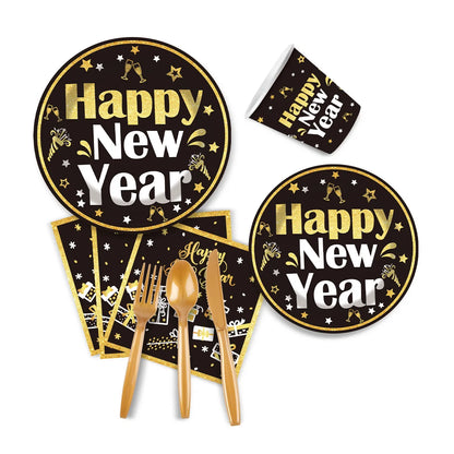 New Year Theme Disposable Tableware Paper Plates Cups Napkins Happy New Year 2025 Black Golden Party Decoration Supplies